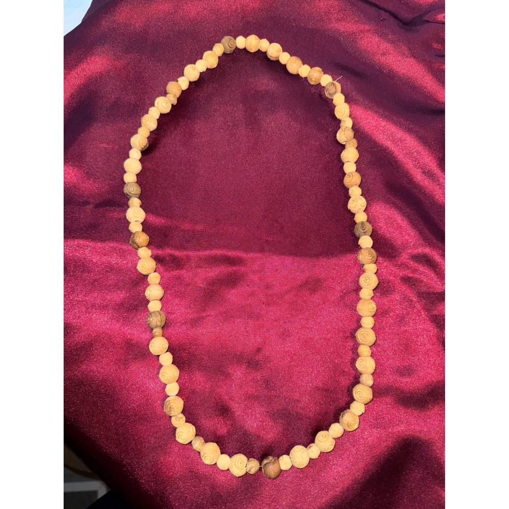Hand Carved Wood Rose Bead Necklace Boho Floral Wooden Strand Tan Brown 26‎ Inch
